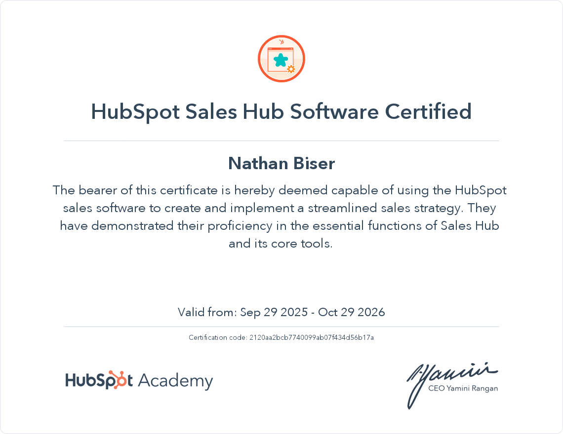 HubSpot Sales Hub Software certificate